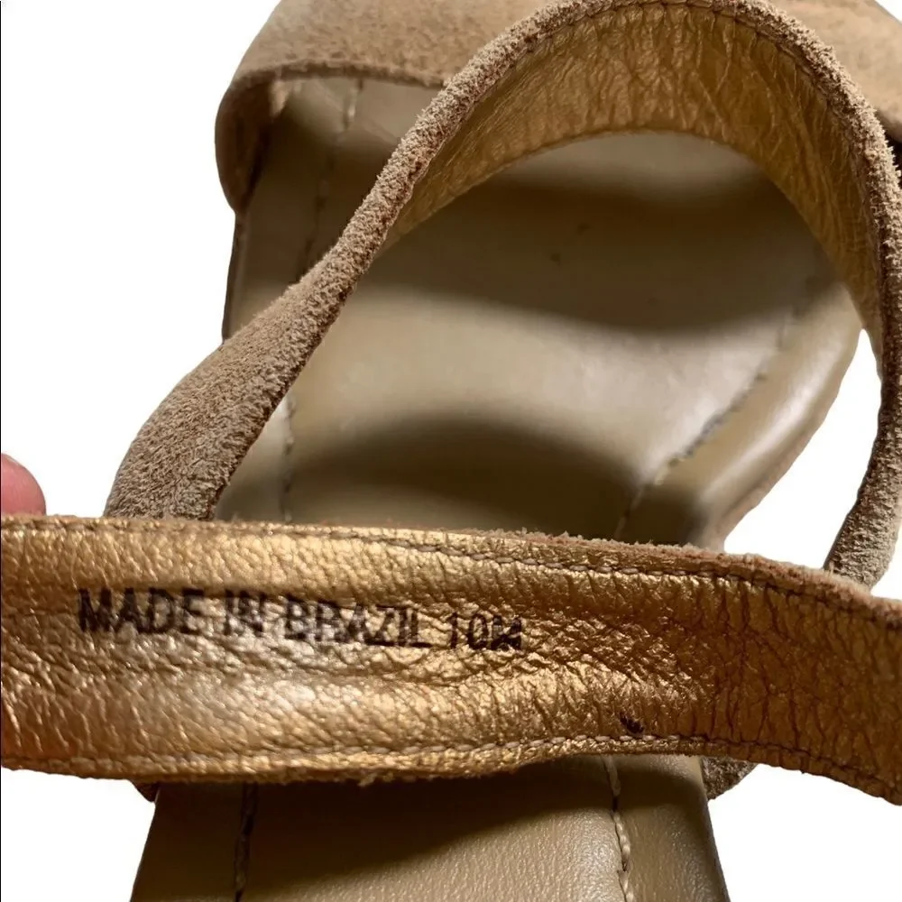 KATE SPADE New York Farryn Beige Gold Suede Geometric Wedge Espadrilles
